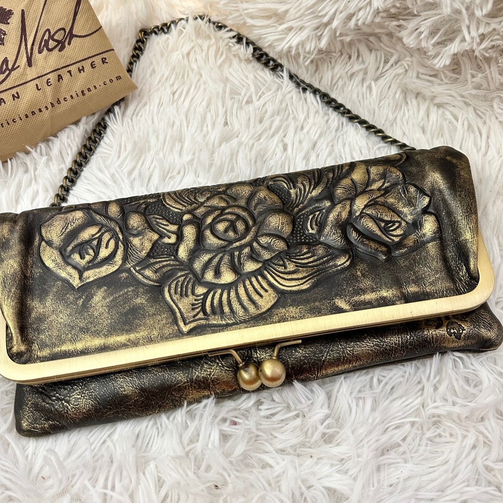 Patricia Nash Bosa Black Gold Metallic Rose Embossed Framed Leather Clutch Bag - Picture 2 of 8